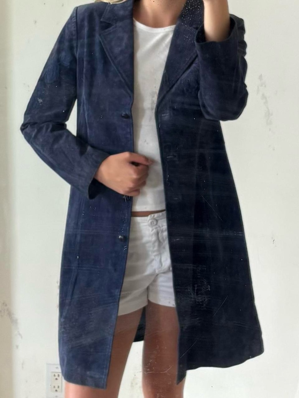 Women's Navy Suede Long Coat with Embroidered Detail - Picture 5 of 6